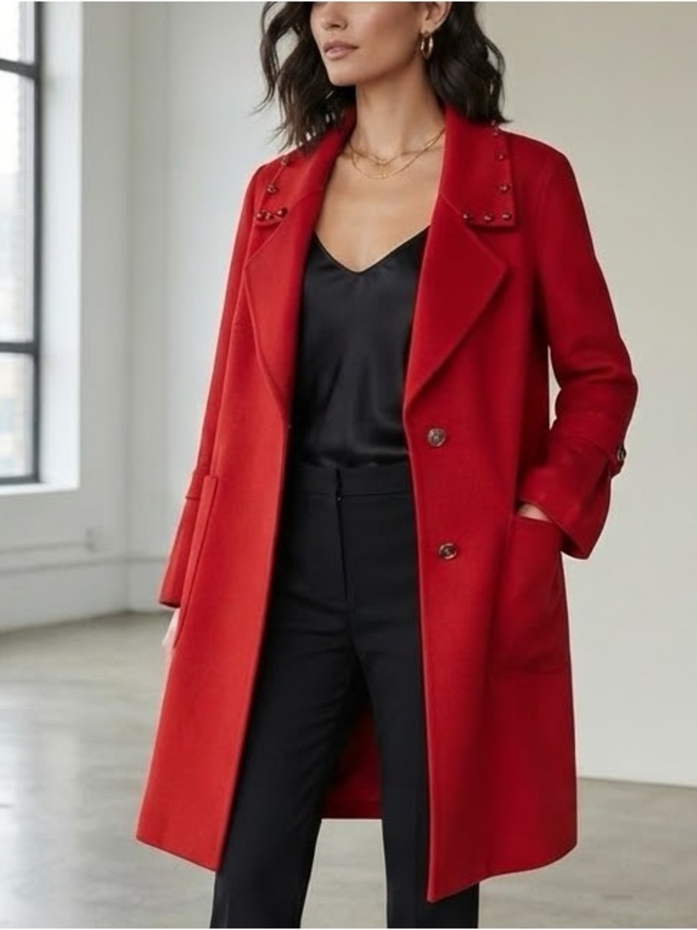 100% Wool Elegant Red Women's Coat